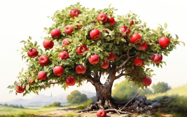 Abundant Apple Tree With Vibrant Red Fruits Hanging From Its Branches