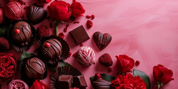 Abundant Chocolates and Flowers Adorn Tabletop