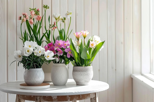 テーブルの上にある花瓶に沢山の花