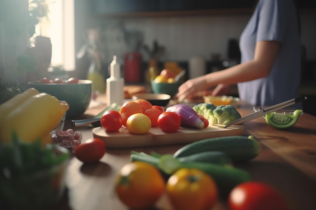 Photo abundant fruits and vegetables and blurry chef in the background