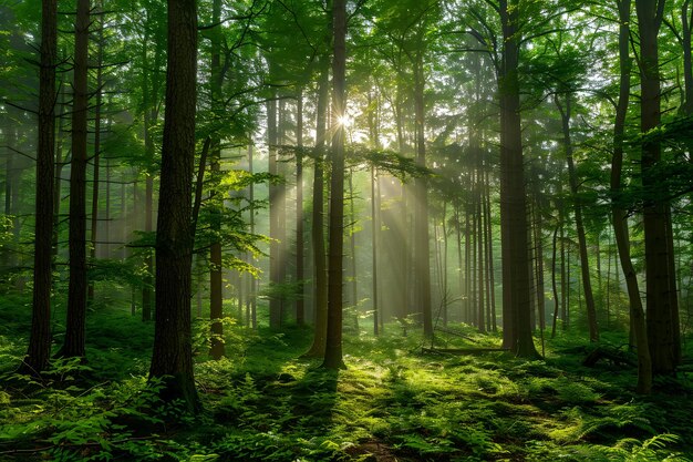 Photo abundant green trees and ferns in forest