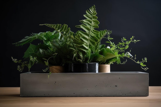 Abundant greenery in minimalist concrete planter with metal tray and wood vase