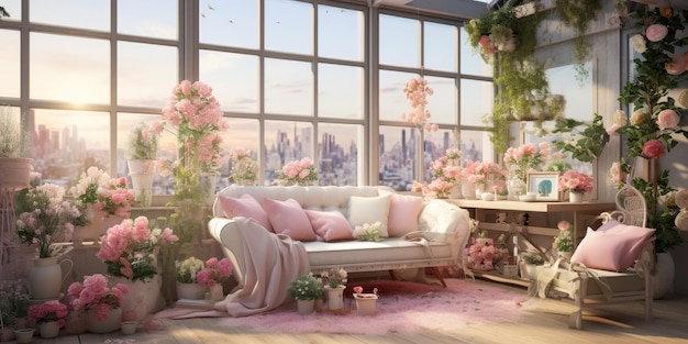 Abundant Living Room With Furniture and Flowers