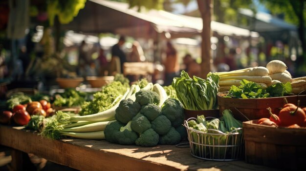 木製のテーブルに豊富な野菜が並べられている地球の日