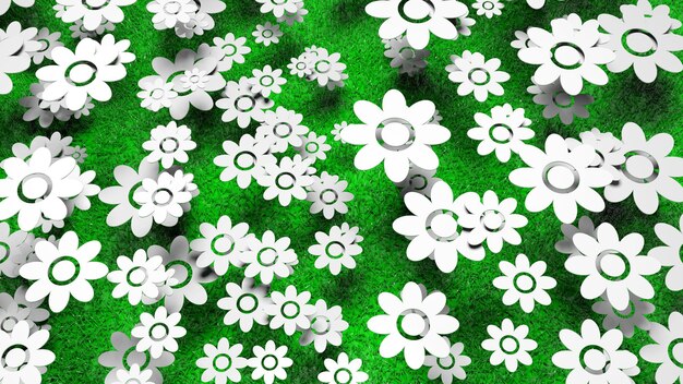 Abundant white flowers on green grass background