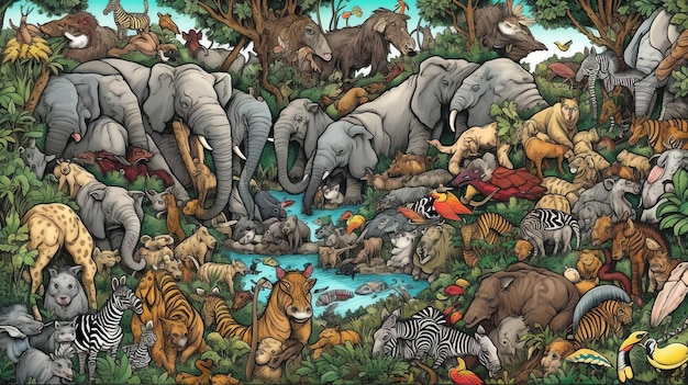 豊富な野生生物保護区 ファンタジーコンセプト イラスト 絵画