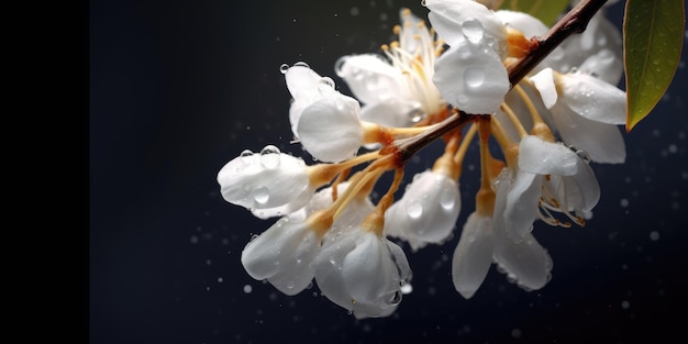 暗い背景にアカシアの花雨滴が付いた白い花高品質の写真生成 AI