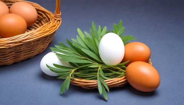 Photo acacia pennata and egg in basket on background