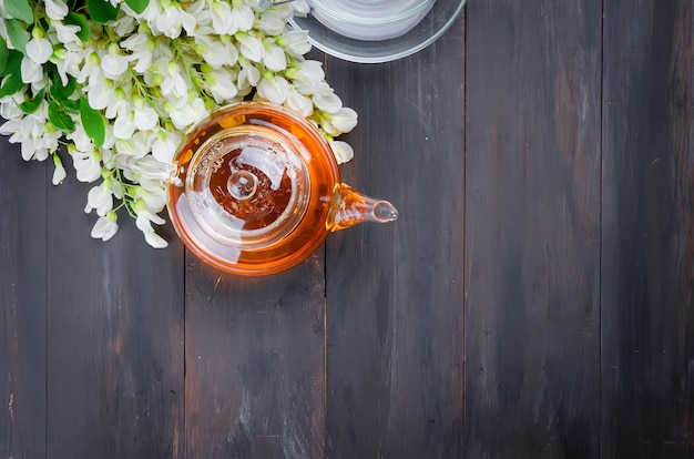 Acacia tea closeup on wooden tables