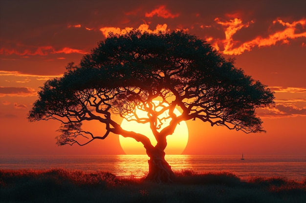 Acacia tree silhouette rocks and plain grassland field African savannah sunset