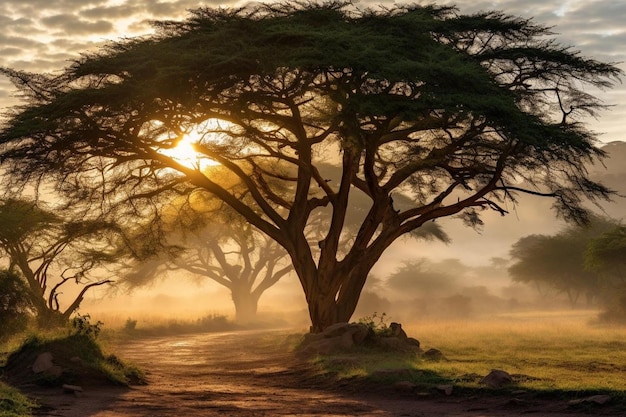 acacia trees on a foggy morning sunrise on the masai mara savannah kenya