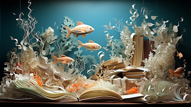 academic aquarium An aquarium scene in paper art style the fish are made from scholarly articles