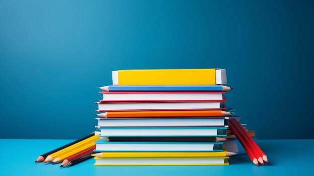 Photo academic essentials stack of textbooks and notebooks with pen