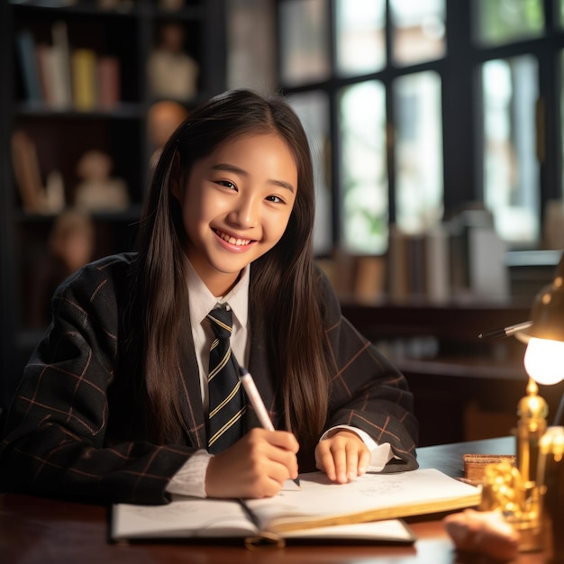 Academisch concept Glimlachend junior Aziatisch schoolmeisje zittend aan een bureau in de klas Generatieve Ai