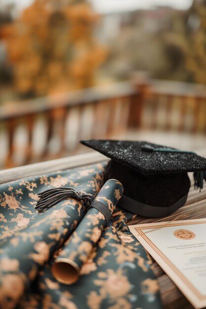 Foto academische prestaties vieren met een mortelbord en diploma