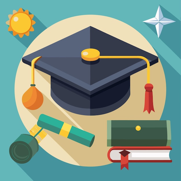 Academische succes afstuderen illustratie met Cap Boeken en Diploma