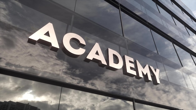 Academy sign on a modern glass skyscraper Public education learning high school and university concept 3d illustration