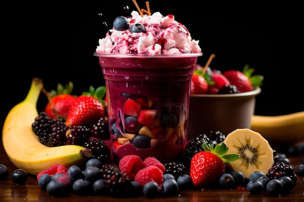 acai in a 500ml plastic cup with banana with various fruits around