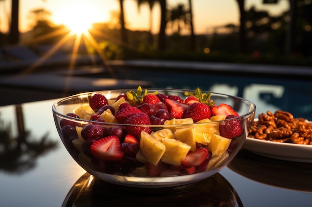 Photo acai bowl by the pool providing total relaxation under the sun generative ia