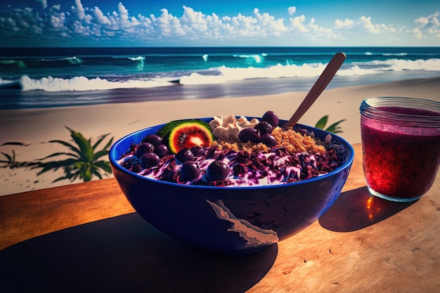 Acai bowl on a tropical beach with lens flare