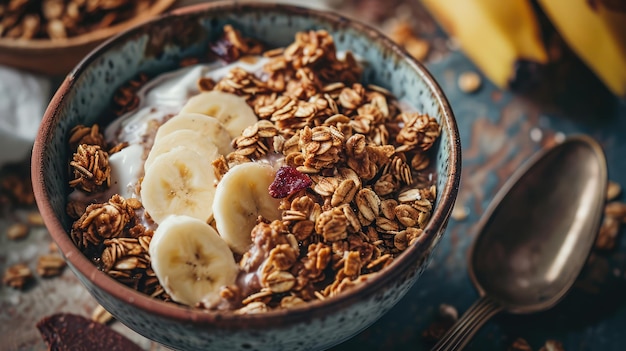 Photo acai bowl with banana and crunchy granola