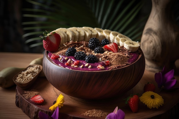 Acai bowl with banana and granola in the jungle generative IA