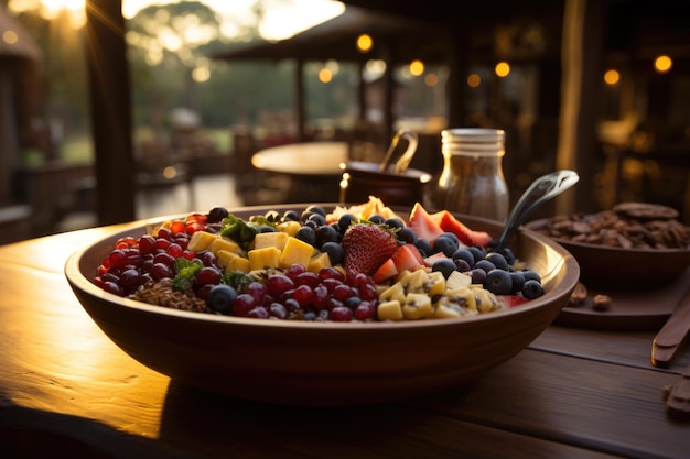 Acai in the bowl with fresh granola and fruits in a kiosk in the Amazon rainforest generative IA