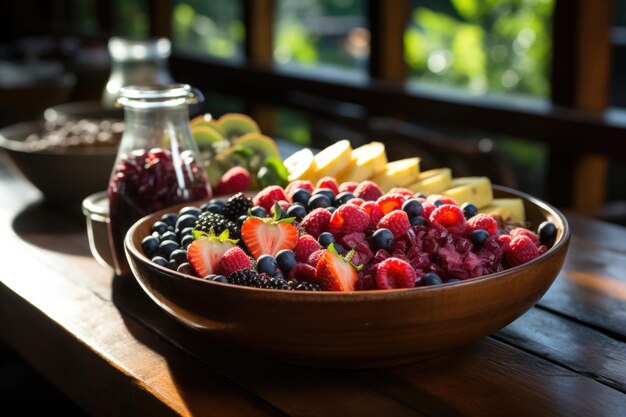 Acai in the bowl with fresh granola and fruits in a kiosk in the Amazon rainforest generative IA