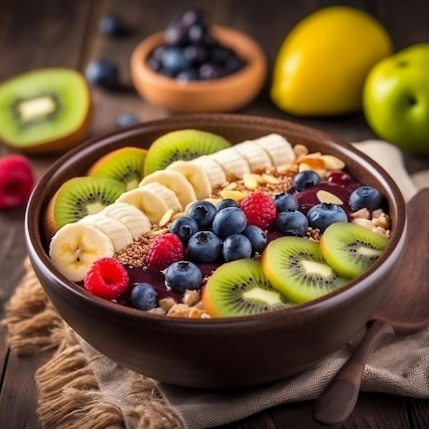 Acai bowl with fruits kiwi apple banana and cereal