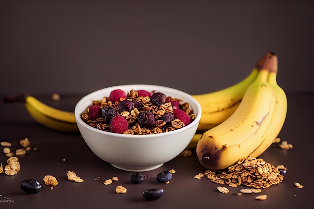 Açaí bowl with granola, tropical fruits, banana, strawberry, raspberry, condensed milk and cereal. Selective focus. Close up.