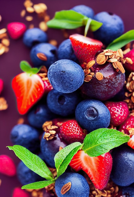 Açaí bowl with granola, tropical fruits, banana, strawberry, raspberry, condensed milk and cereal. Selective focus. Close up.