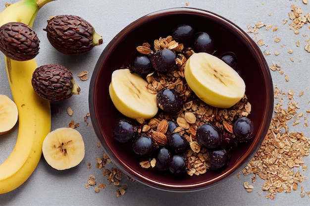 Açaí bowl with granola, tropical fruits, banana, strawberry, raspberry, condensed milk and cereal. Selective focus. Close up.