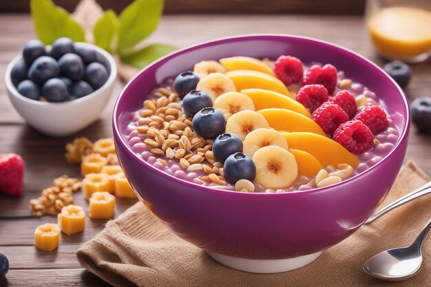 Photo acai bowl with oats fruit condensed milk and cereal healthy food consept