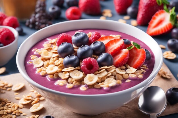 Acai bowl with oats fruit condensed milk and cereal healthy food consept