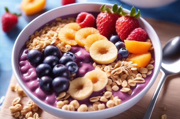 Acai bowl with oats fruit condensed milk and cereal healthy food consept