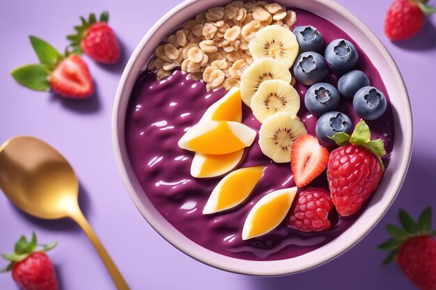 Acai bowl with oats fruit condensed milk and cereal healthy food consept