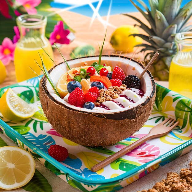 Photo acai in coconut shell healthy meal for summer vibes