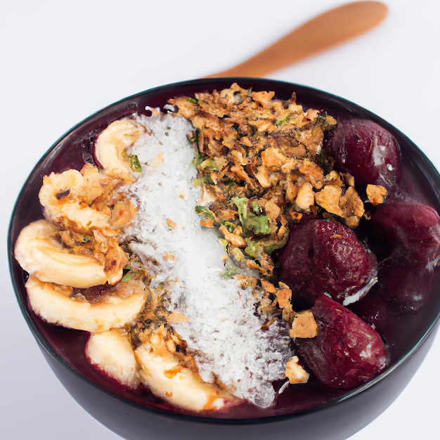 Acai kom met granola tropisch fruit banaan framboos gecondenseerde melk en granen Close-up 3D-weergave