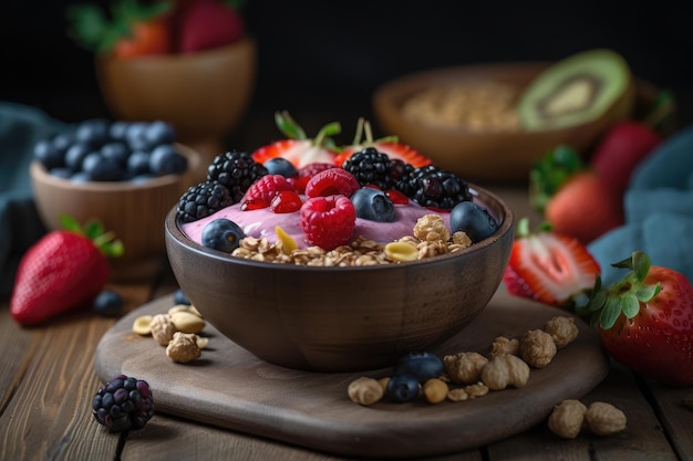 Acai smoothy bowl with nuts and berries generative ai