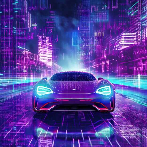 acceleration of a supercar on a night track with colorful lights and trails 3d illustration