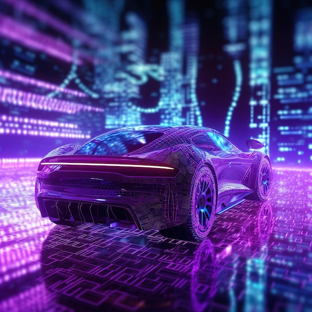 Acceleration of a supercar on a night track with colorful lights and trails 3d illustration