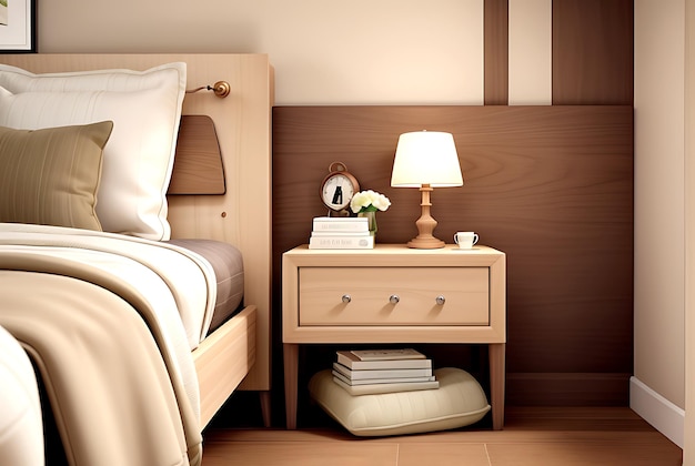 Gabinetto accento accanto al letto vicino al letto contro la parete di pannelli in legno design d'interni di campagna francese di moderno