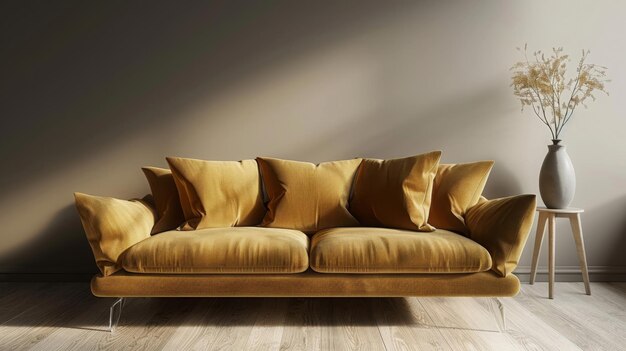 Accent premium mustard yellow sofa in living loungeroom Ocher color in the interior design room hom