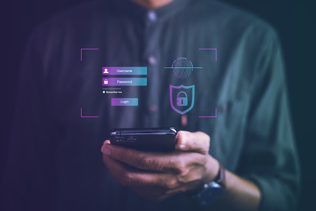 Access to personal financial data with futuristic biometric fingerprint scanner on smartphone Surveillance and security scanning of digital programs for cyber applications future of secure identity