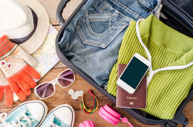 Accessories and apparel for travel on a wooden floor