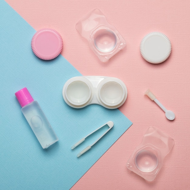 Accessories for contact lenses on a multicolored background