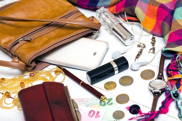 Accessories. contents of the female handbag - wallet, keys, phone, lipstick, perfume