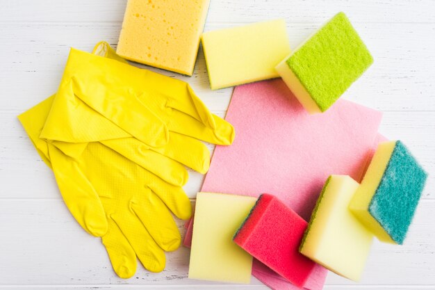 Accessories for home cleaner - sponges, washcloth, rubber gloves