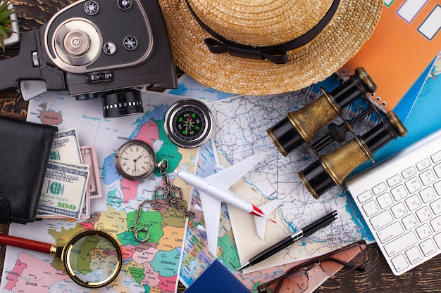 Accessories and items for traveling on the table in composition