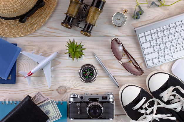 Accessories and items for traveling on the table in composition